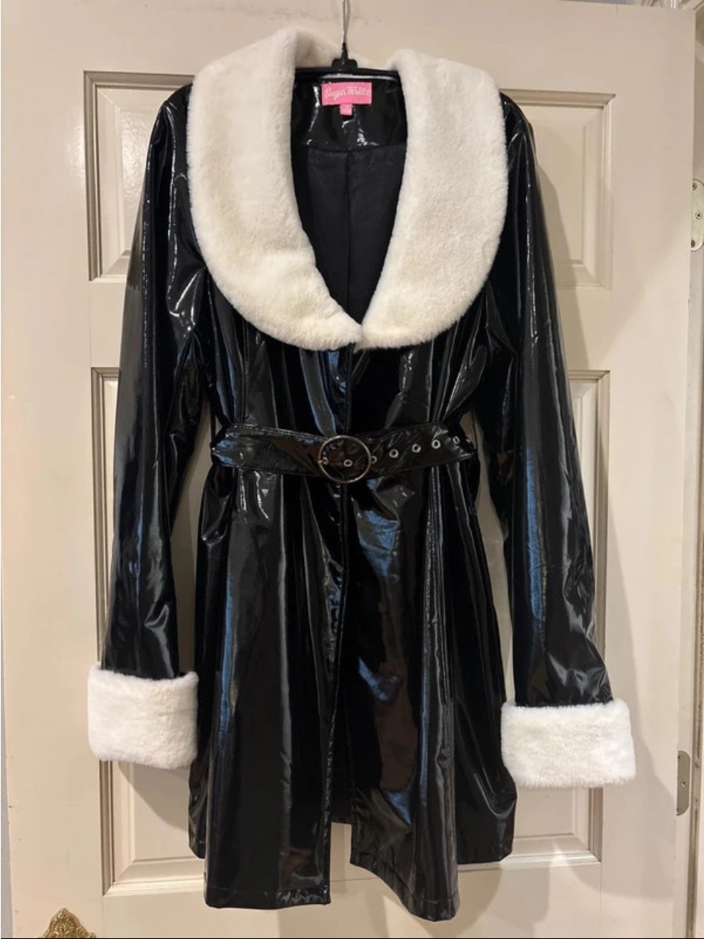 Dolls Kill Black Patent Trench Coat with White Faux Fur Trim